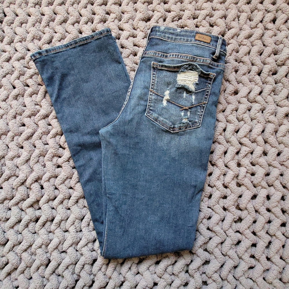 BKE Mid Rise Slim Fit Tailored Bootcut Distressed Dark Wash Jeans Size 33